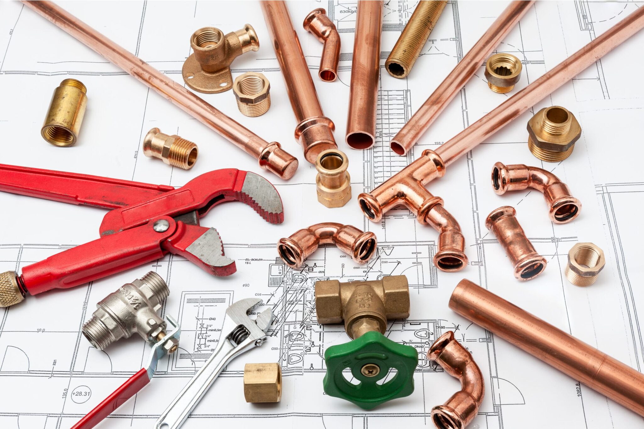 Copper pipes, fittings, valves, and plumbing tools in Lake Worth Beach