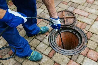 Plumber cleaning an outdoor sewer drain in Lake Worth Beach