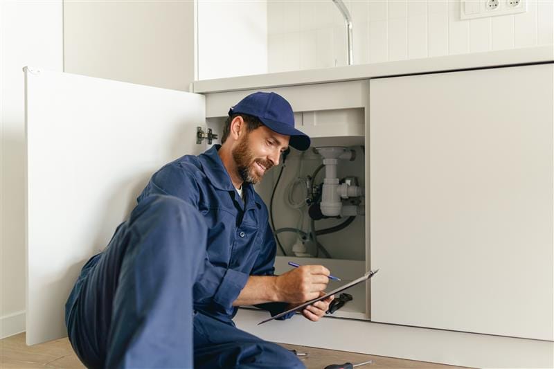 Residential plumber reviewing plumbing repairs in a Lake Worth Beach kitchen