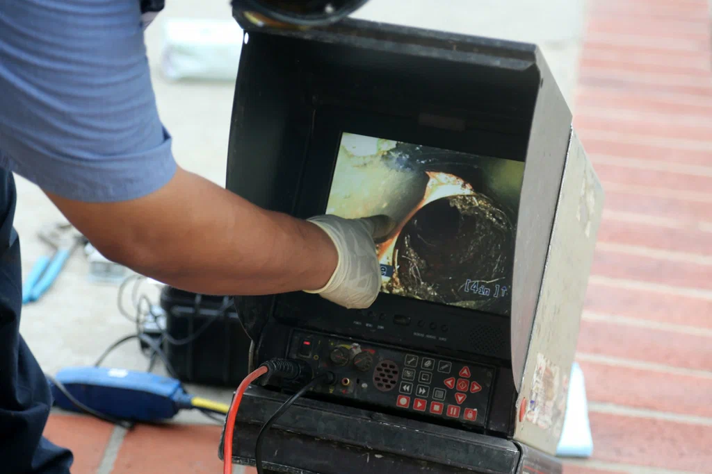 Technician viewing a drain inspection camera in Lake Worth Beach