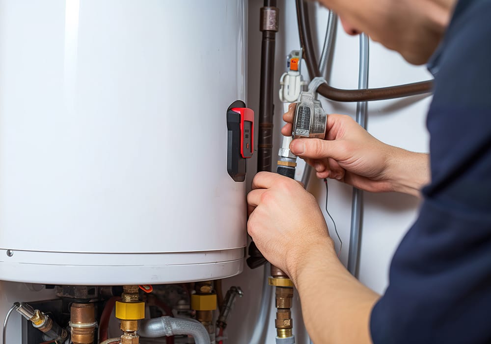 Technician repairing pipes connected to a water heater in Lake Worth Beach